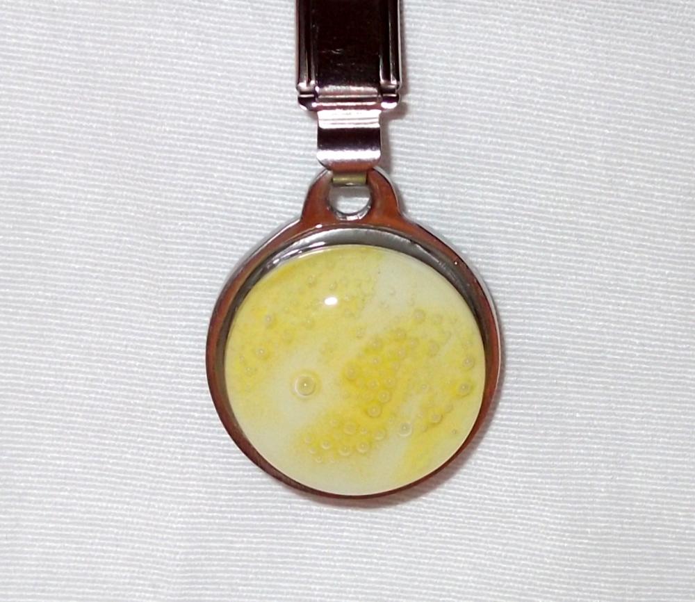 Handmade Fused Glass Keychain, Yellow Bubble On White Fused Glass